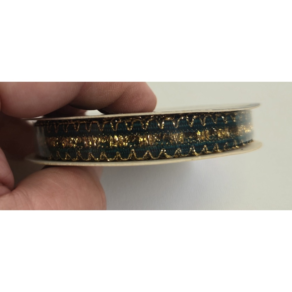 Vintage Venus Wired Gold Green Glitter Ribbon 1/4 Inch Wave Design 3 Yards USA